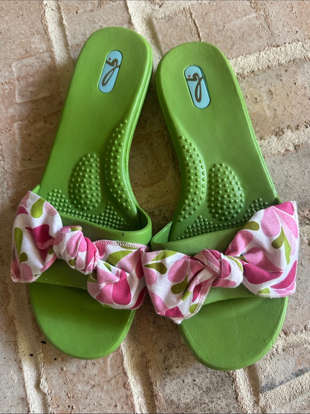 OKA b. Green Slide Sandals with Pink Floral Bow